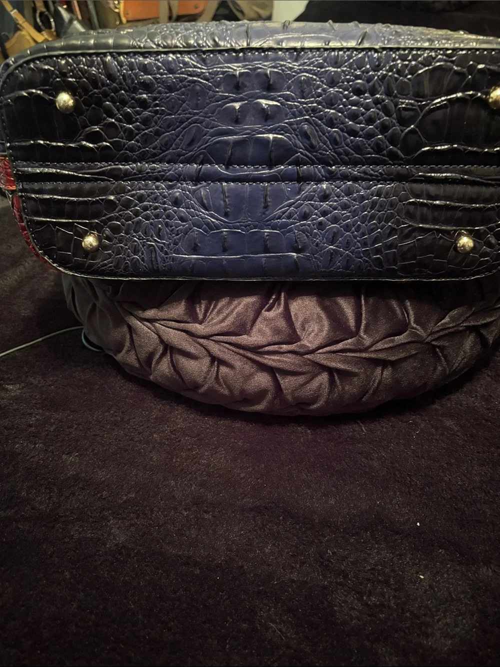 Croc-Embossed faux Leather Satchel in Navy, Red & Brown fashion bag.